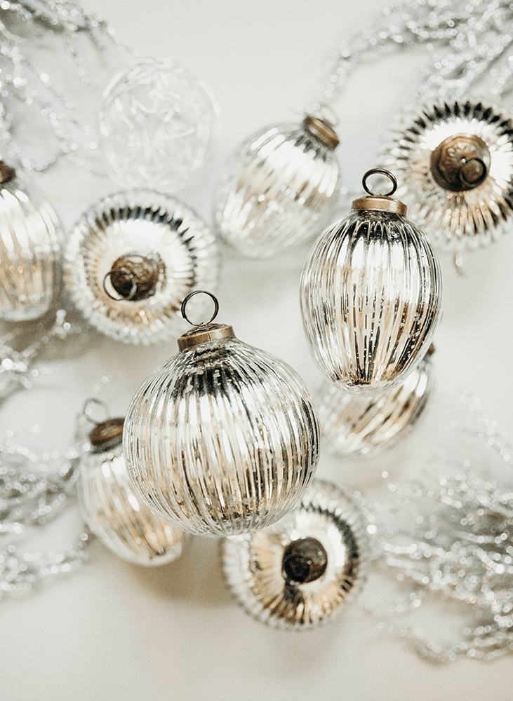 Silver ribbed Christmas ornaments